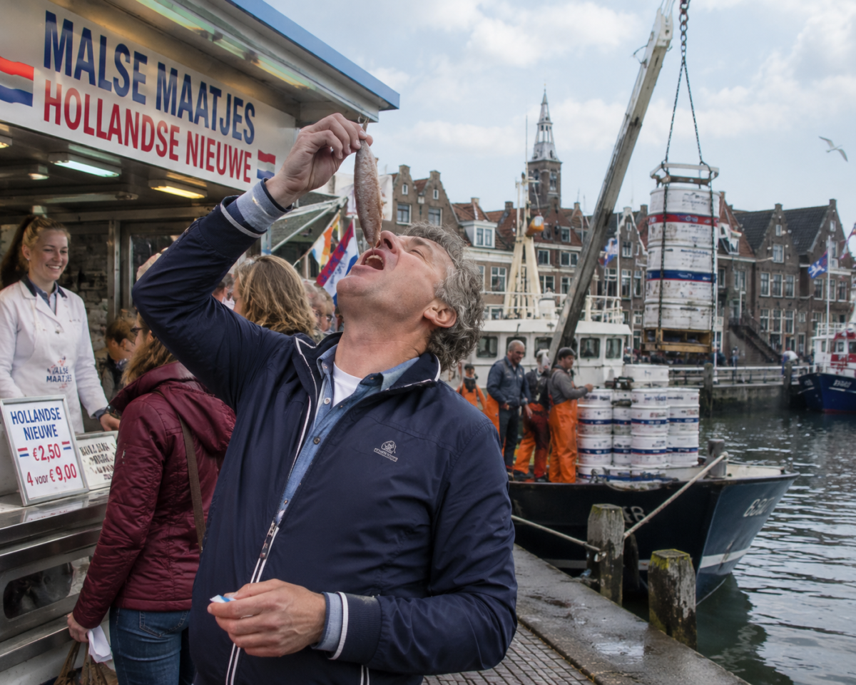 Generated image: Dutch herring feast at the harbor